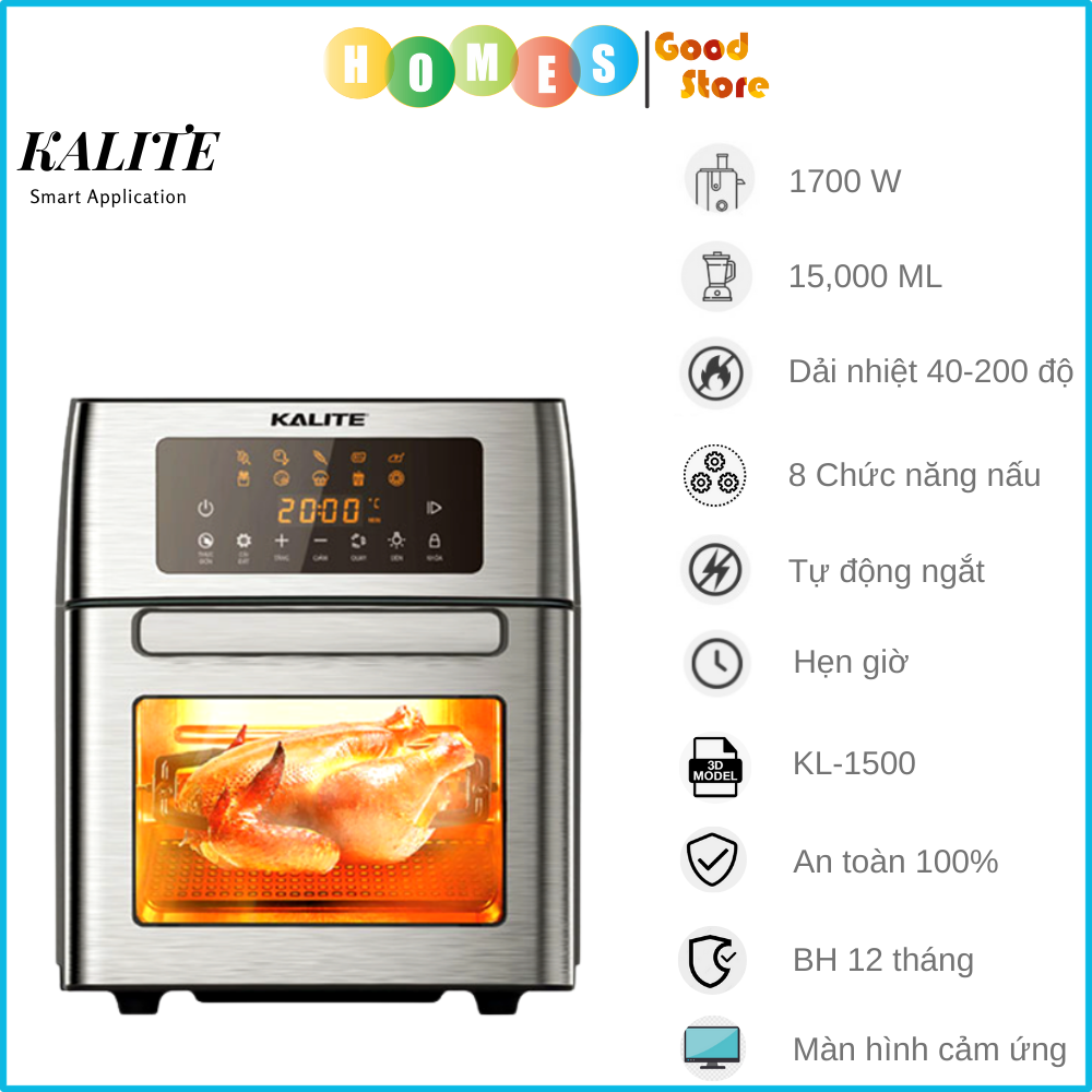 Nồi Chiên Không Dầu Kalite KL-1500 Nướng Gà Nguyên Con Gồm 10 Chương Trình Cài Đặt Dung Tích 15 Lít Công Suất 1700 W - Hàng Chính Hãng