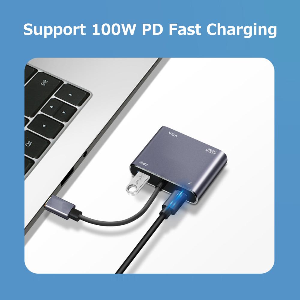 Multi-use 4-in-1 Type-C Hub Type-C Converter Aluminum Alloy Shell up to 4K Resolution HD+VGA+USB3.0+PD Charging Ports