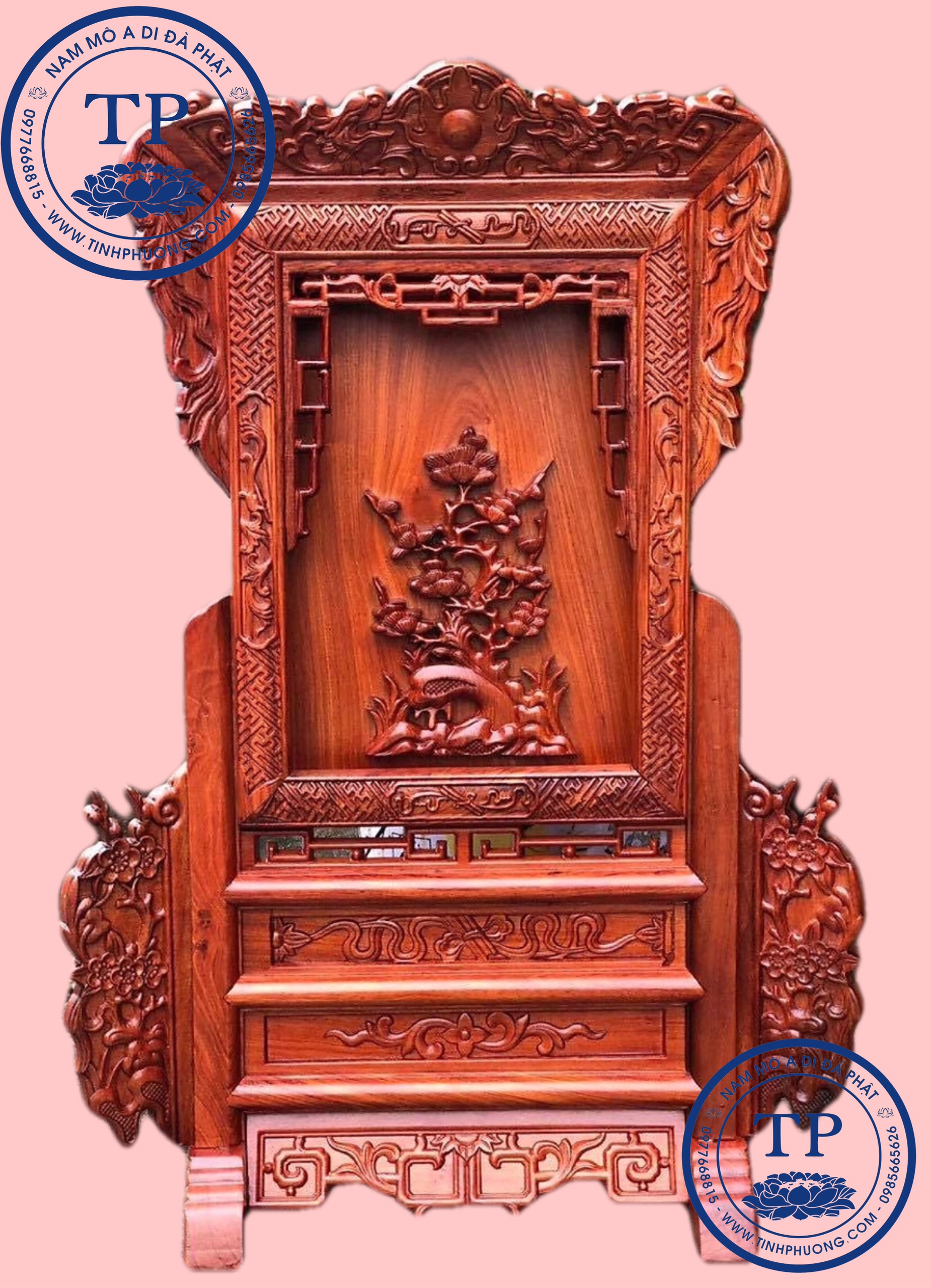 Giá Gương thờ Gỗ Hương đường nét tinh xảo lõi gỗ hương đỏ HAN552