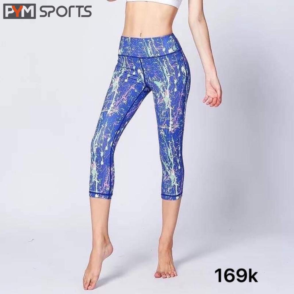 Quần tập Gym - Yoga PYMSPORT - PYML007 kiểu lửng màu 3D, lưng cao tôn dáng - 2 màu hồng, xanh