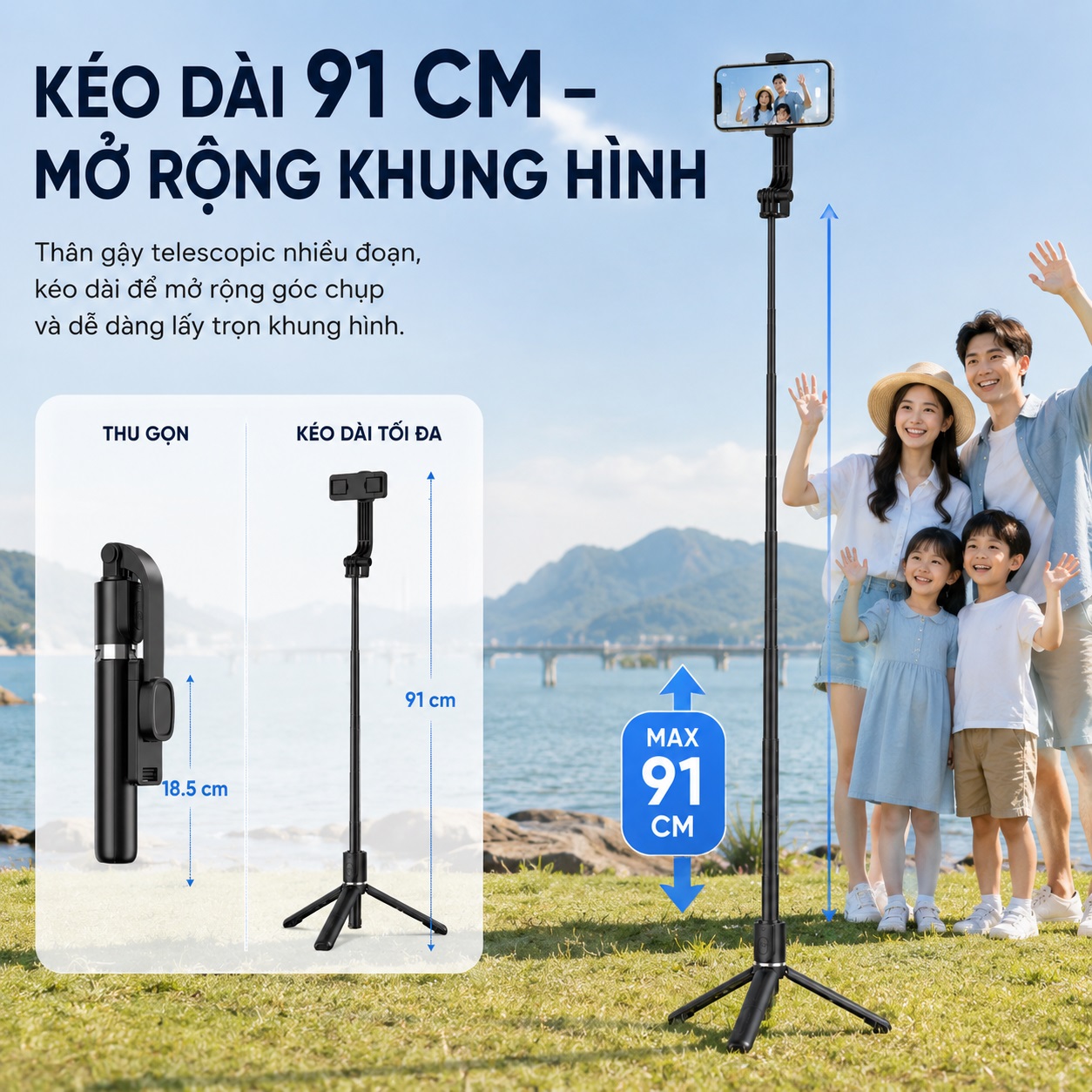 Gậy chụp hình selfie kiêm tripod xoay 360 độ AI thông minh WIWU Wi-SEO18 cho iPhone, samsung - Tripod 3 Chân, Remote Tháo Rời, Kéo Dài 91cm, Gập Gọn 15.5cm, Xoay 360°, Cho Điện Thoại 4.7-6.9 Inch - Hàng nhập khẩu