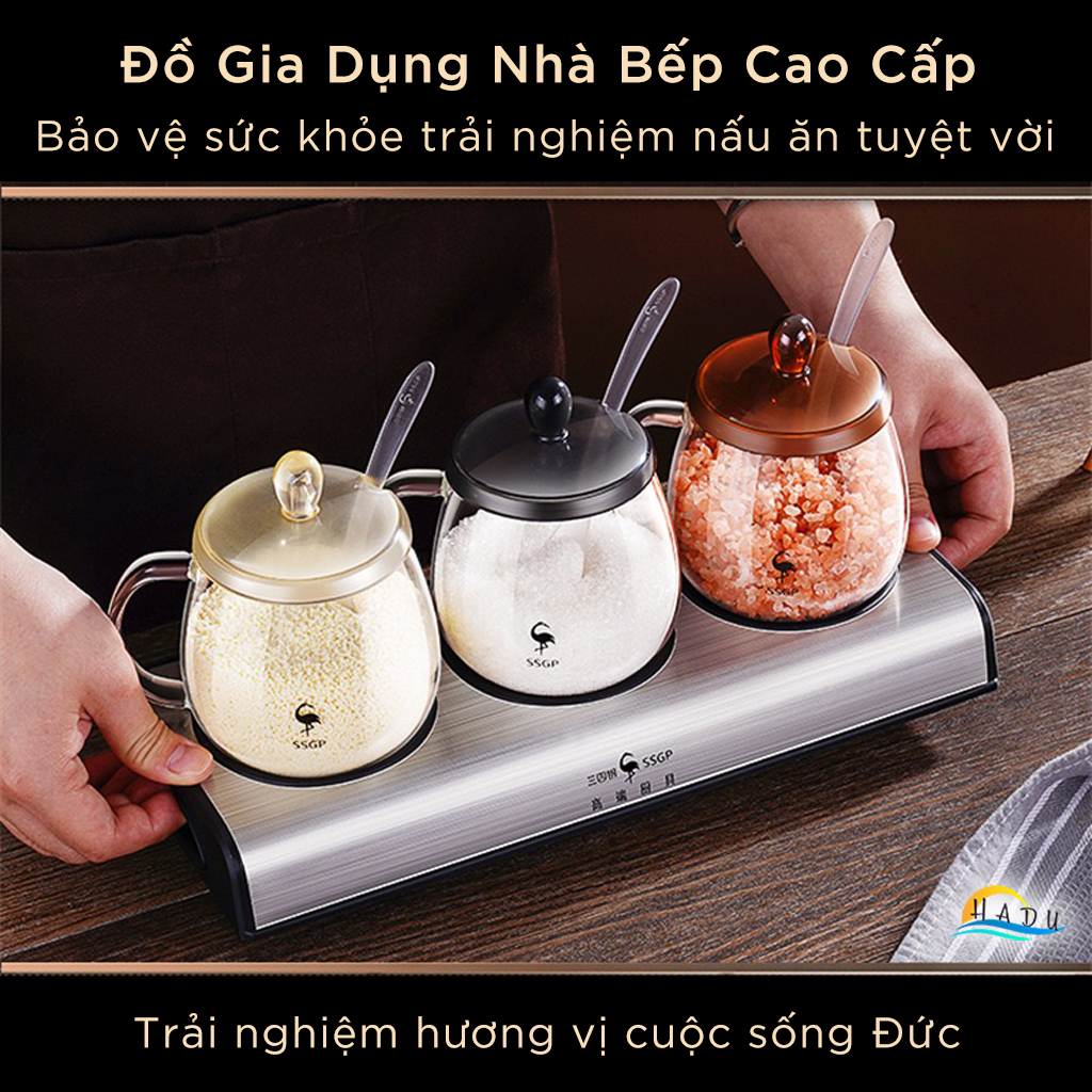 Bộ Hộp Hũ Đựng Gia Vị Thủy Tinh Nhà Bếp Thông Minh 3 Ngăn Cao Cấp Đạt Chất Lượng LFGB Đức SSGP