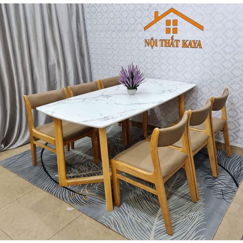 Bộ bàn mặt đá 6 ghế Benla 1m6 chân M, Mặt bàn đá Marble trắng vân mây nhập khẩu từ Malaysia sản xuất theo công nghệ Ý