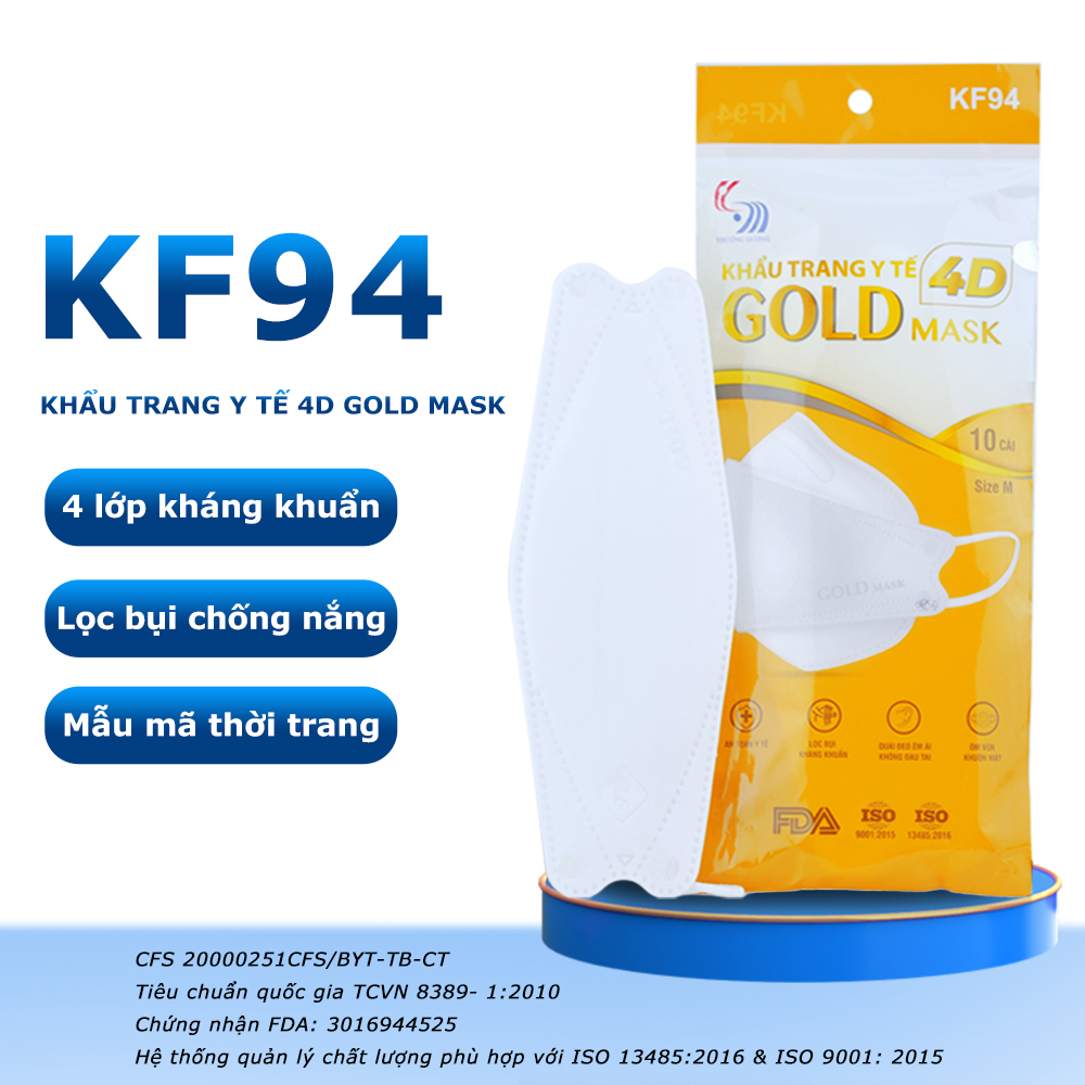 Khẩu trang KF94 GOLD MASK Trường Dương 4 lớp ngừa bụi mịn và vi khuẩn gây hại, không mùi, màu trắng (túi 10 cái) JN-KT01