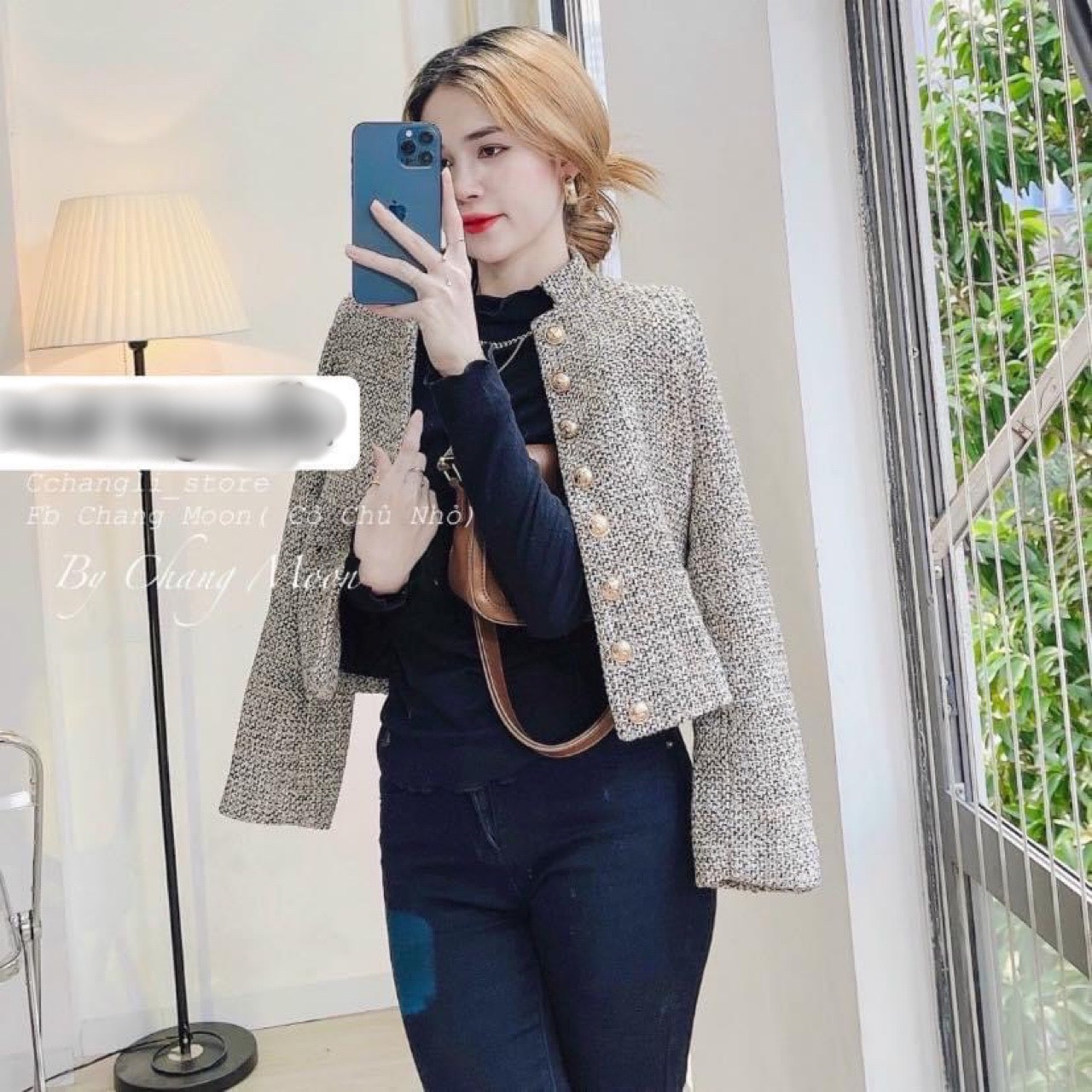 Áo khoác vest dạ xám tiêu cúc đồng 2 lớp cho nữ AKN061