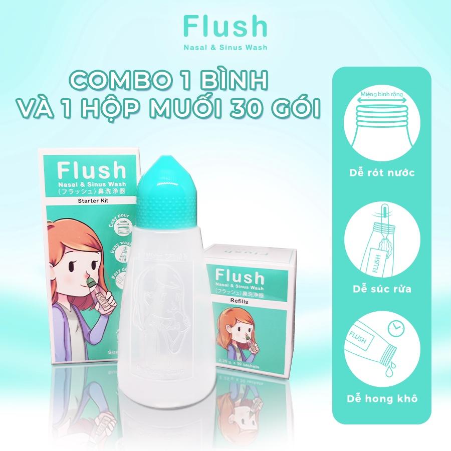 Combo Bình Rửa Mũi Cho Trẻ FLUSH Chính Hãng Gồm 1 Bình Và Hộp 30 Gói Muối Tinh Khiết