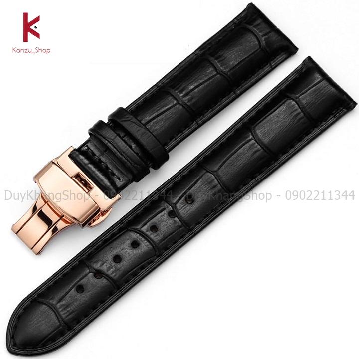 Dây Đồng Hồ Da Khóa Bướm Vàng Hồng 2 Nút Bấm size 14mm 15mm 16mm 17mm 18mm 19mm 20mm 21mm 22mm 23mm 24mm