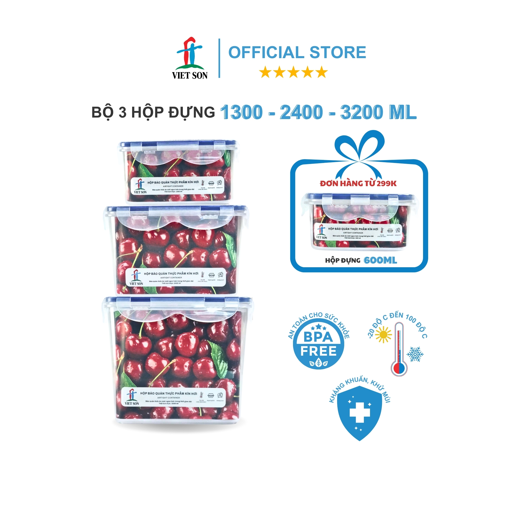 Bộ 3 Hộp Đựng Thực Phẩm VIETSON (1300-2400-3200ml) Nắp Khóa 4 Cạnh Kín Hơi