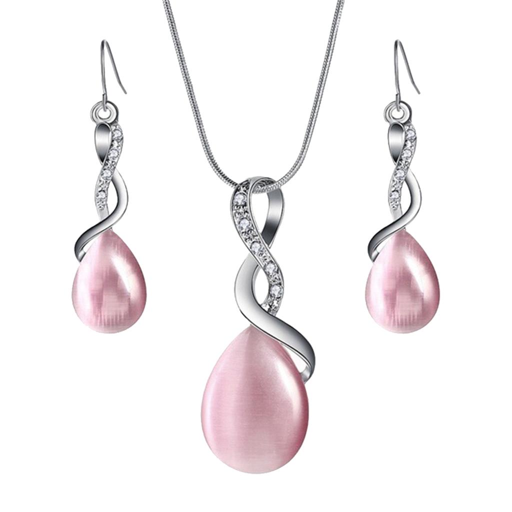 Necklace Earrings Set Waterdrop Teardrop Bridal Jewelry Set Pink + Pink