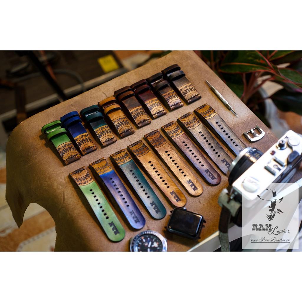 DÂY ĐỒNG HỒ DA BÒ THẬT CAO CẤP - RAM TRỐNG ĐỒNG SIMPLE AQUA GREEN - ĐỦ SIZE 18, 20, 22MM, 24, APPLE WATCH