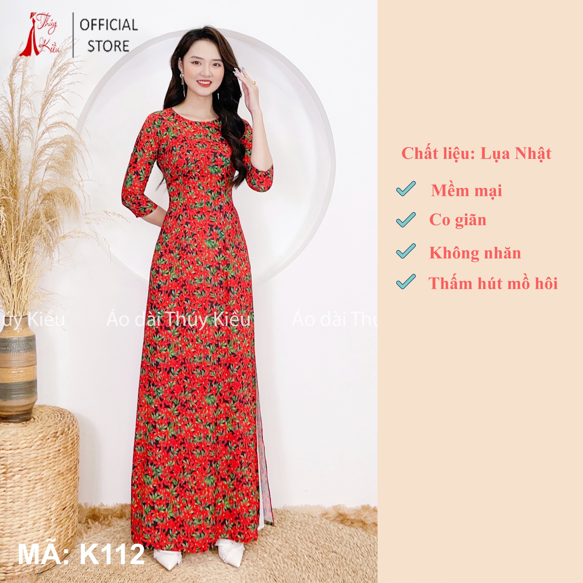 Áo dài Thúy Kiều in 3D lụa nhật in hoa nhí sao 5 cánh K112