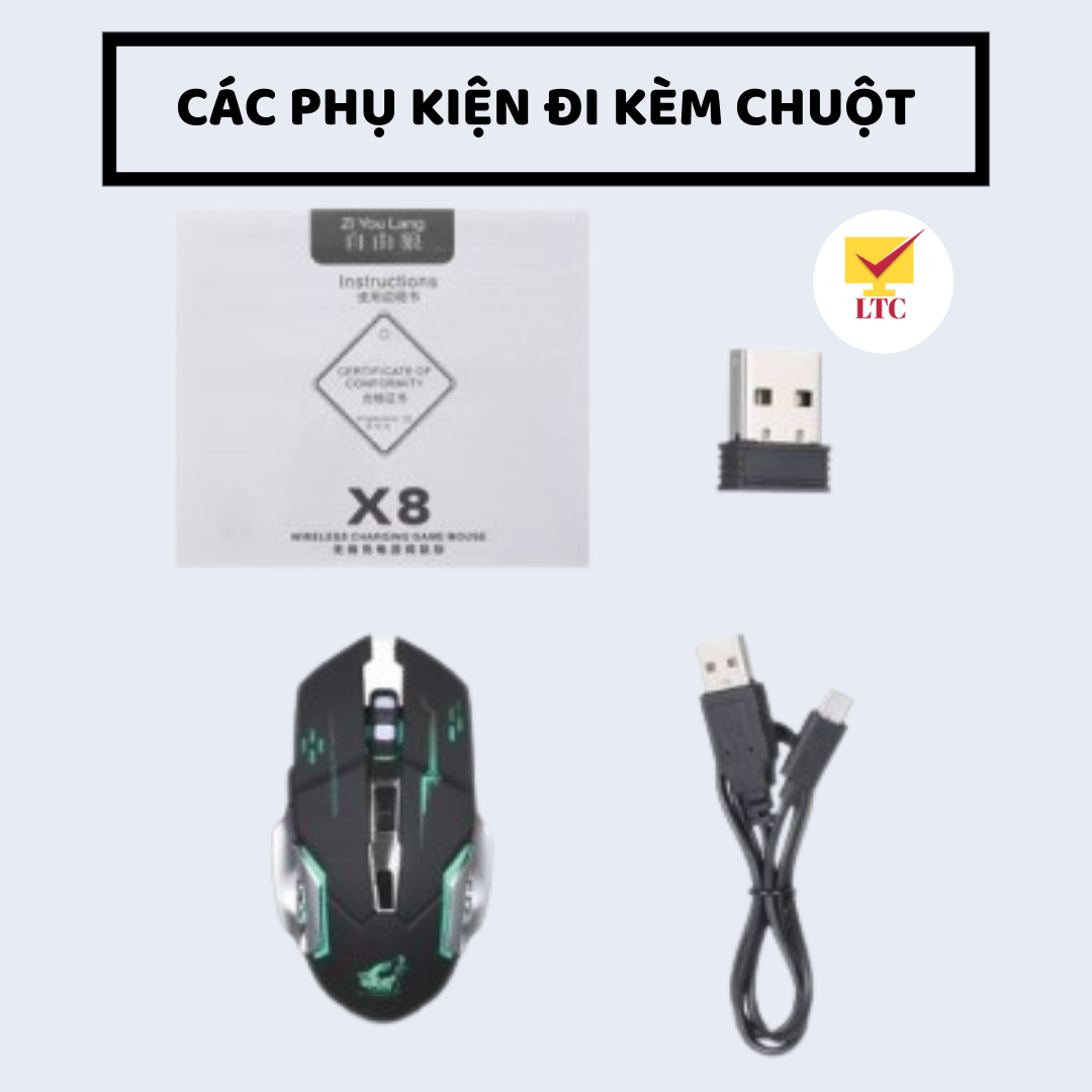 Chuột không dây gaming máy tính X8 có đèn LED đổi màu, pin sạc cực trâu, tương thích pc, laptop chơi game cực đã - Hàng Chính Hãng