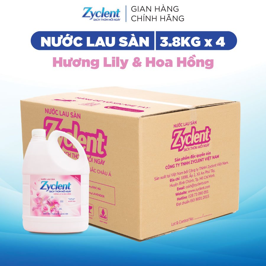 Thùng Nước Lau Sàn ZYCLENT EXTRA Hương Lily &amp; Hoa Hồng - (3.8KG x 4 CAN)