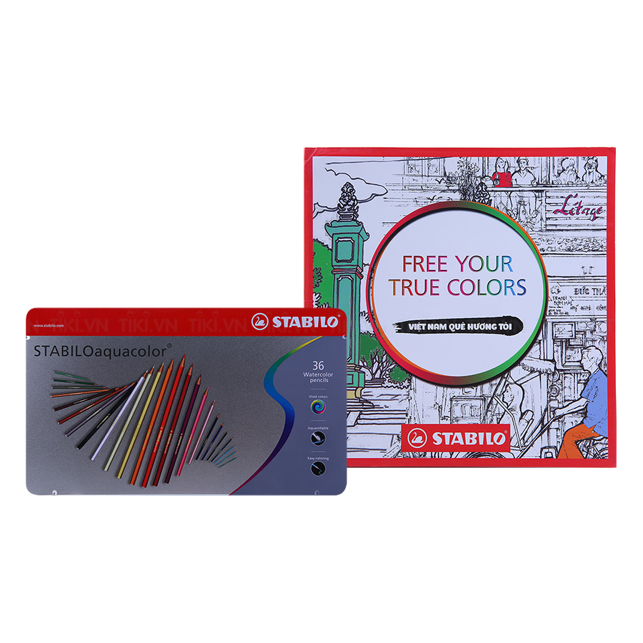 Bút Chì Màu Nước Stabilo Aquacolor (36 Cây/Hộp Sắt) + Sách Tô Màu Stabilo Free Your True Colors