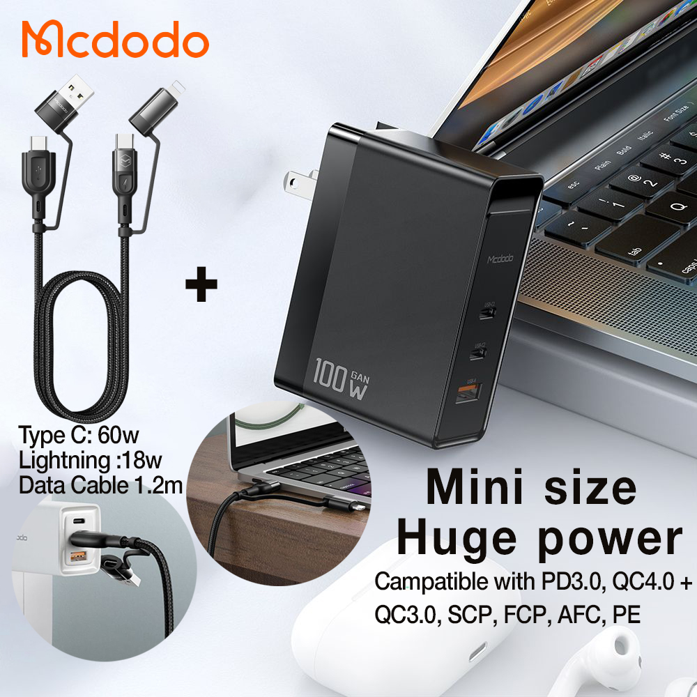 Adapter Củ Sạc Đa Năng Mcdodo EU/UK/US GaN 100W PD3.0 PPS QC3.0 Dùng Cho Điện Thoại Laptop Macbook Kèm Cáp Sạc 4 Trong 1 60W- Hàng Chính Hãng