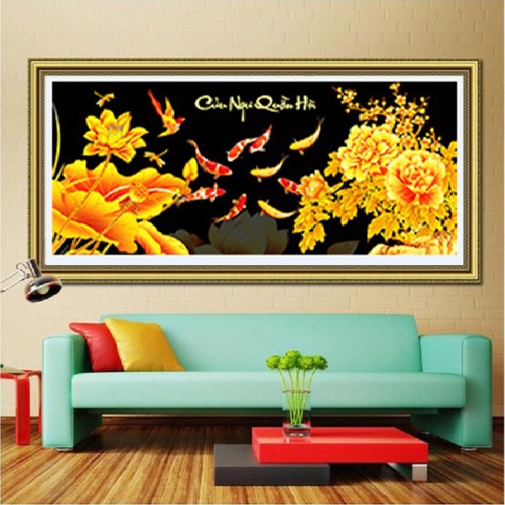 Tranh đính đá Cửu ngư quần hội 110x50cm - tranh tự đính