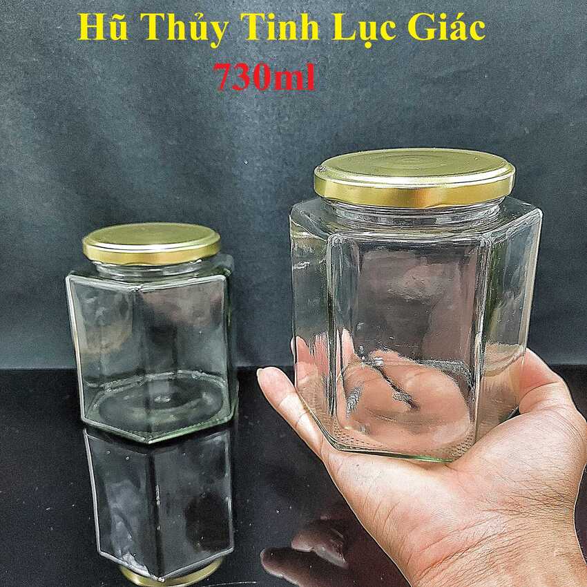 Hũ Thủy Tinh Lớn 730ML mẫu Lục Giác nắp thiếc vàng – Hũ Gia Vị Thủy Tinh