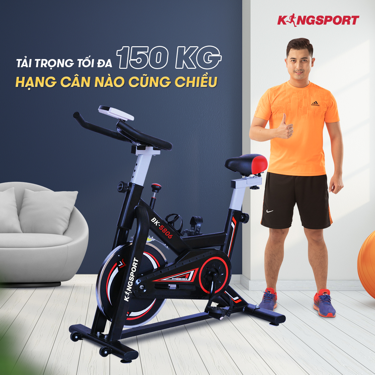 Xe đạp tập thể dục tại nhà Kingsport BK-5806, tích hợp đồng hồ thông minh đo nhịp tim và các thông số khi tập luyện, cân nặng phù hợp từ dưới 70-75kg