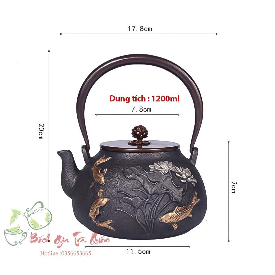 Ấm Gang Tetsubin - Quai Đồng - Họa Tiết Tam Ngư Cát Hạnh - Dung Tích 1200ml