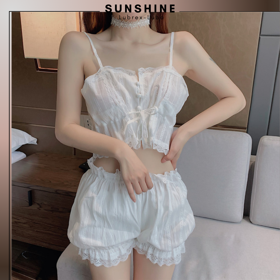 Bộ Đồ Ngủ- Mặc Nhà Quần Đùi Áo Croptop Hai Dây Ren Đũi Mỏng-SUNSHINE