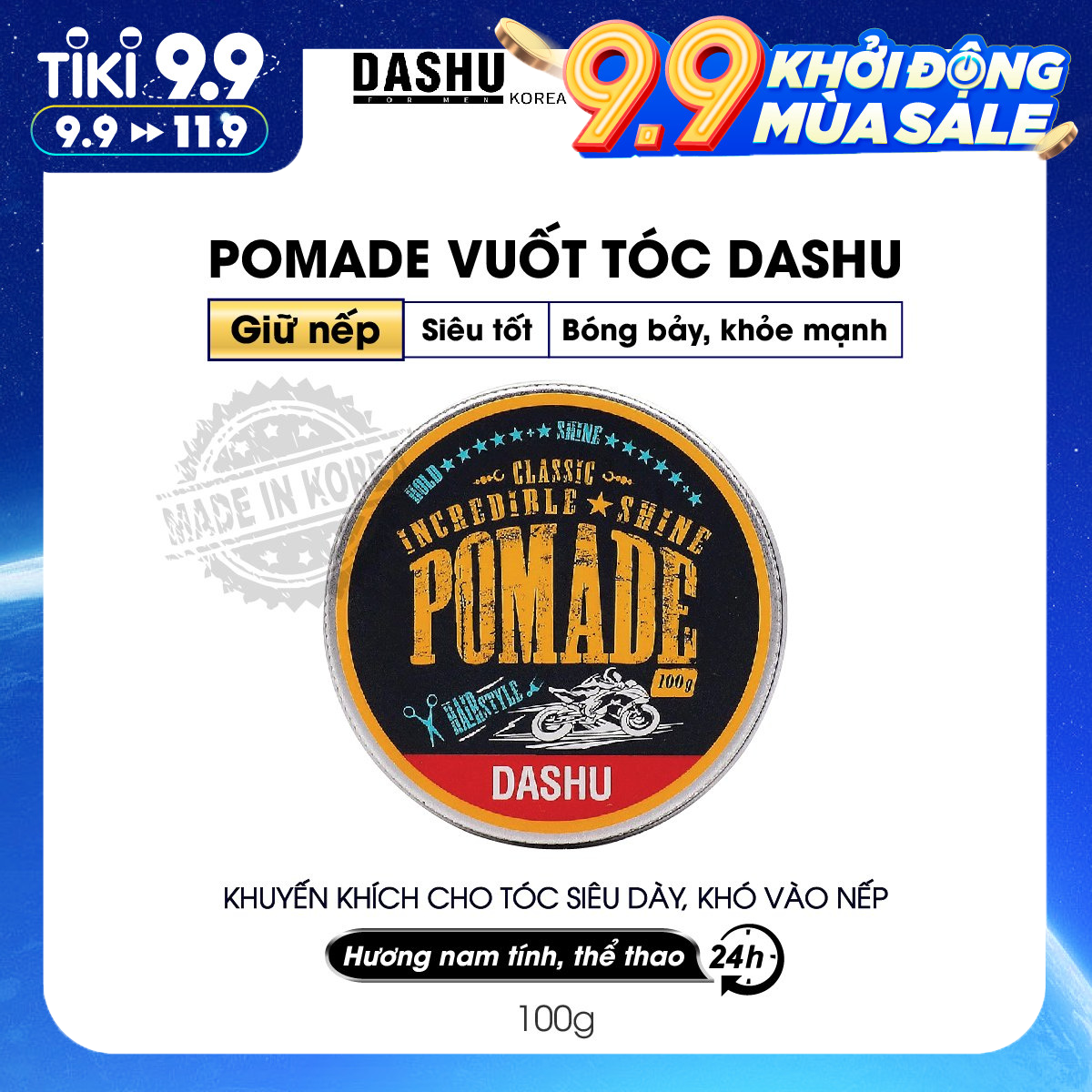 Pomade gốc nước độ bóng cao 5, giữ nếp vượt trội 10 Dashu Classic Incredible Shine Pomade 100g dùng cho mọi loại tóc, tốt cho người châu á, thành phần thảo dược an toàn, lành tính, không gây hại cho tóc và da đầu.