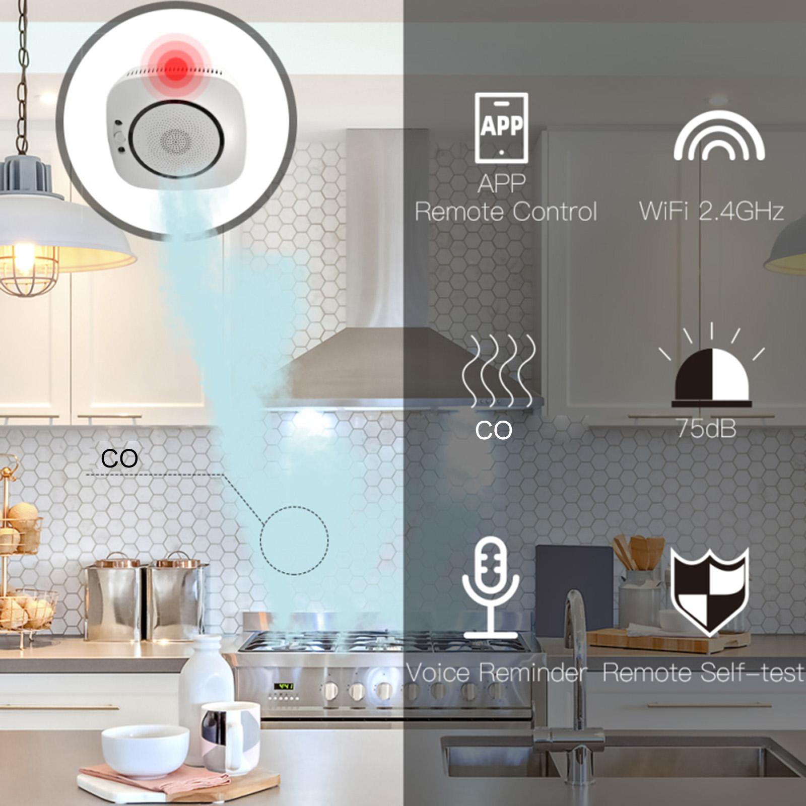 Wifi Carbon Monoxide Detector Wifi Smoke Sensor Security Alarm System 75dB Sound Warning APP Notification Pushing SmartLife Tuya APP Remote Control