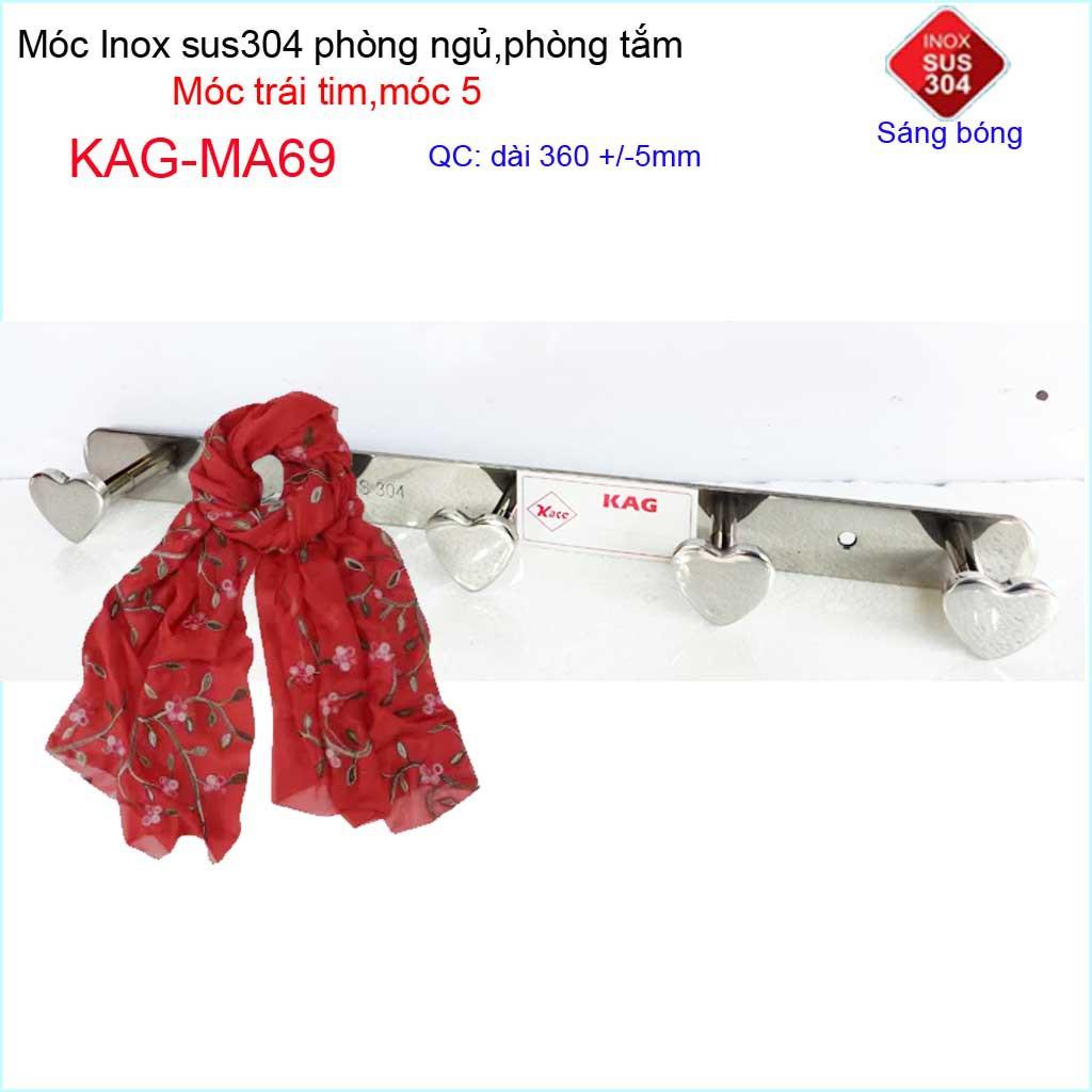 Móc treo quần áo inox 304 cao cấp dày, móc tim Kace 5 móc treo đồ nhà tắm KAG-MA69