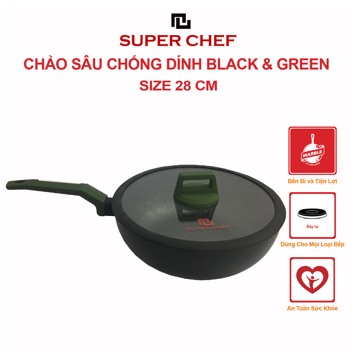 Chảo sâu nắp kính SUPER CHEF black &amp; green h.kim chống dính đáy từ, 28 cm