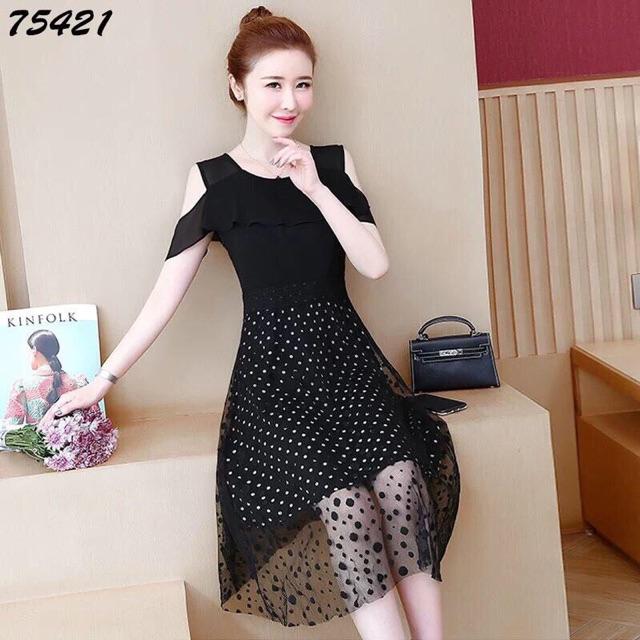 Đầm xoè voan phối lưới bi đẹp y hình - Size M L XL 2XL đến 71kg MMR