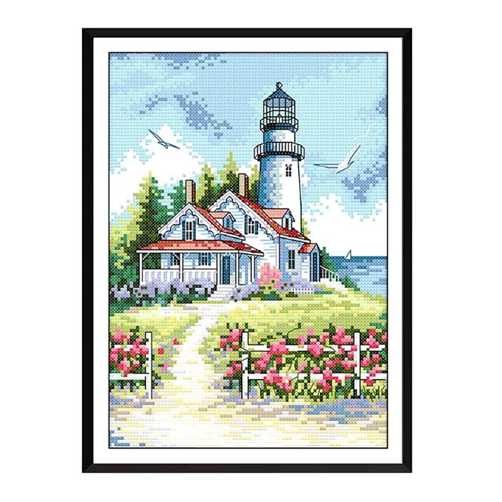 Seaside Lighthouse Stamped Cross Stitch Kit DIY Embroidery Home Decor 14CT