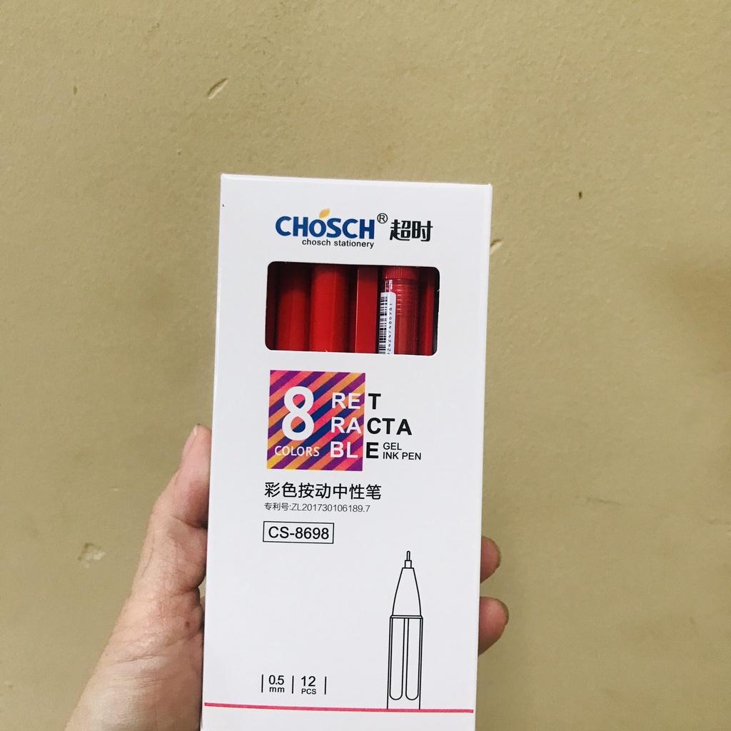 Hộp 12 Cây Viết Gel Nước Bấm Chosch 8698 Ngòi 0.5mm tím,xanh,đỏ,đen (vpp trí tín)