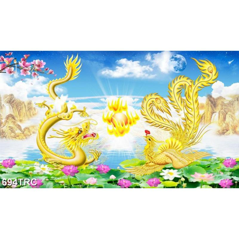TRANH DÁN TƯỜNG 3D LONG PHỤNG SUM VẦY - TRANH CON RỒNG CON PHƯỢNG