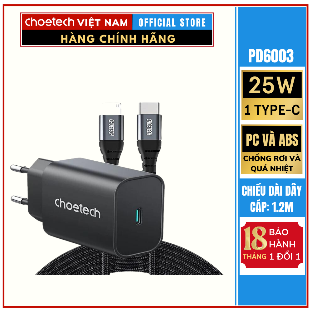 Combo Củ Sạc Nhanh 25W CHOETECH PD6003 Và Cáp Type C to IP có chứng nhận MFI 20W Dài 1.2m Choetech IP0039 (HÀNG CHÍNH HÃNG)