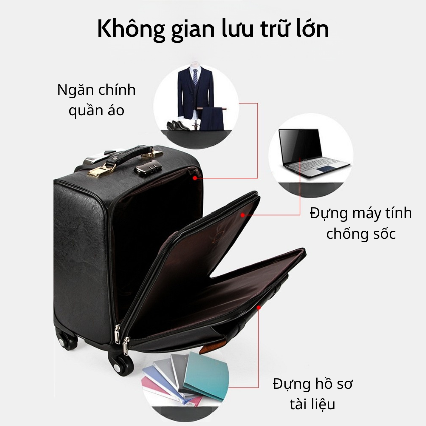 Vali Kéo Du Lịch Size 18inch Chất Da Xịn, Vali Kéo Doanh Nhân Có Ngăn Để Laptop Riêng