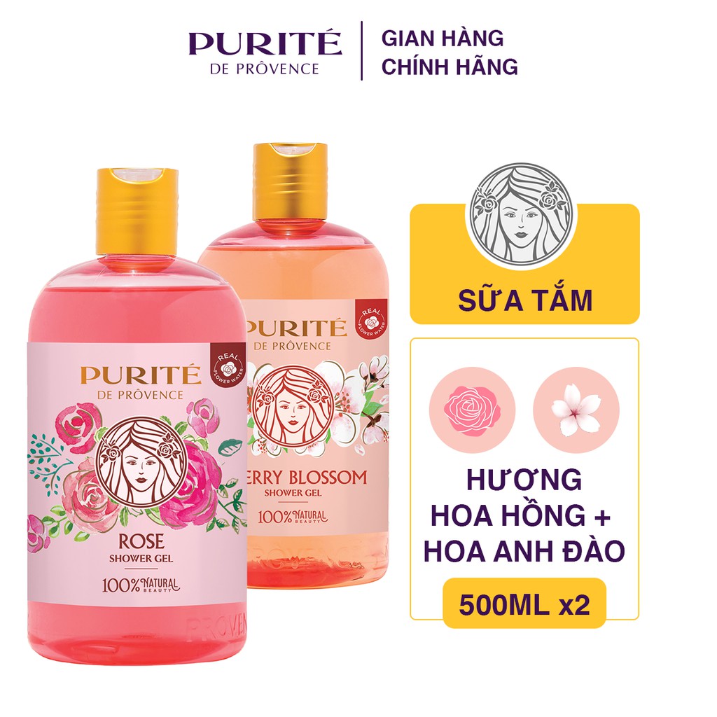 Combo Sữa Tắm Mềm Mịn Hoa Hồng Purité 500ml/chai + Sáng Mịn Hoa Anh Đào 500ml/chai