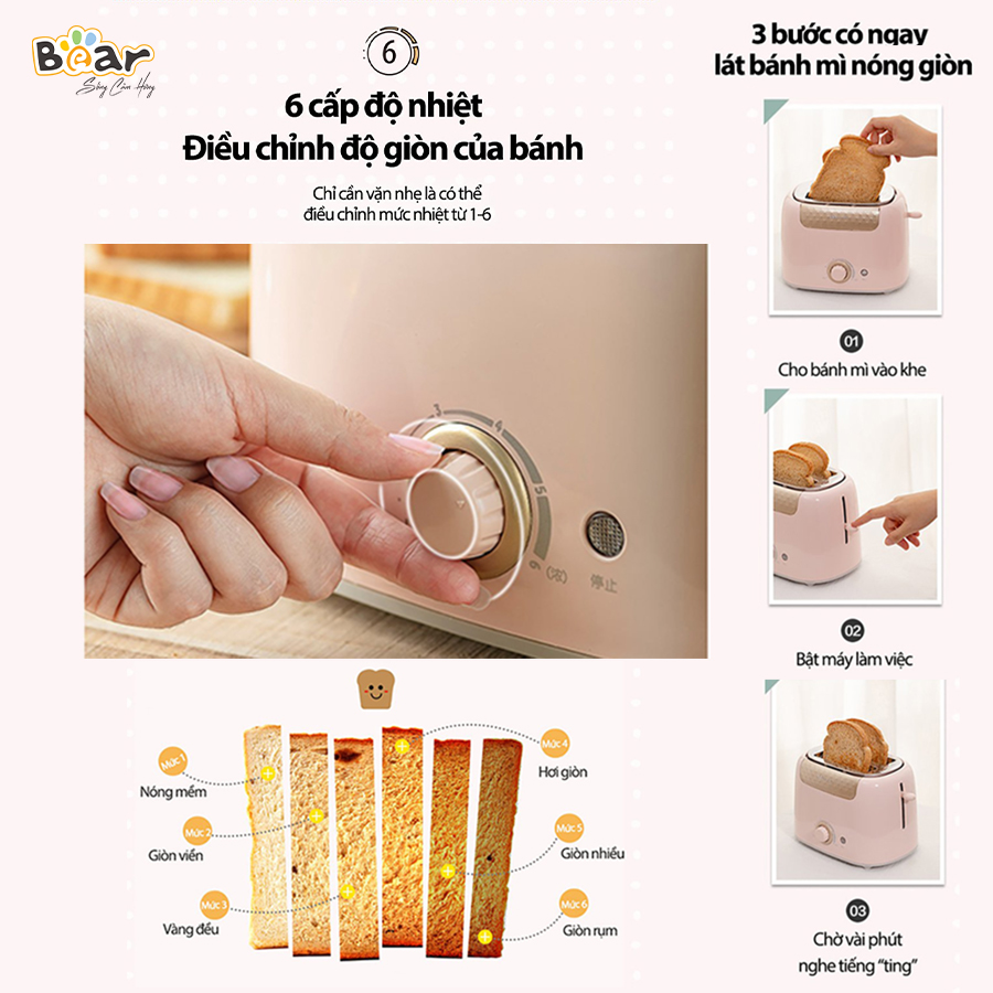 Máy Nướng Bánh Mì Sandwich Bear 6 Mức Điều Chỉnh Tích Hợp Chức Năng Nướng Hẹn Giờ Tự Động DSL-601 - Hàng Nhập Khẩu