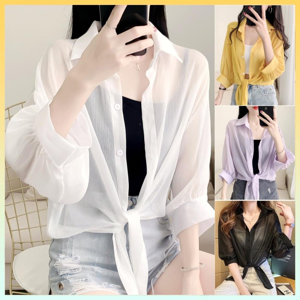 Áo SƠ MI VOAN nữ mỏng KHOÁC NGOÀI tay lửng CỘT DÂY thời trang xinh xắn