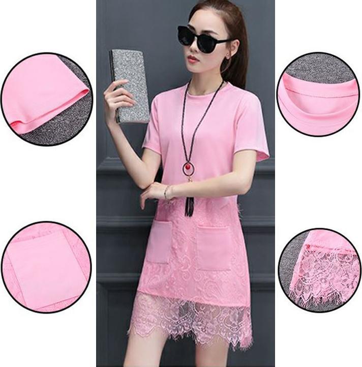 Váy Nữ Xuông Phối Ren Dáng Chữ A, 100% Cotton Phối Ren, 4 Màu Lựa Chọn, Thời Trang Công Sở Dạo Phố