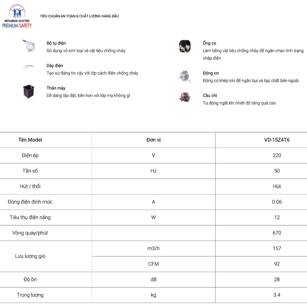 Quạt hút âm trần nối ống gió Mitsubishi VD-15Z4T6 12W Made in ThaiLand HÀNG CHÍNH HÃNG 