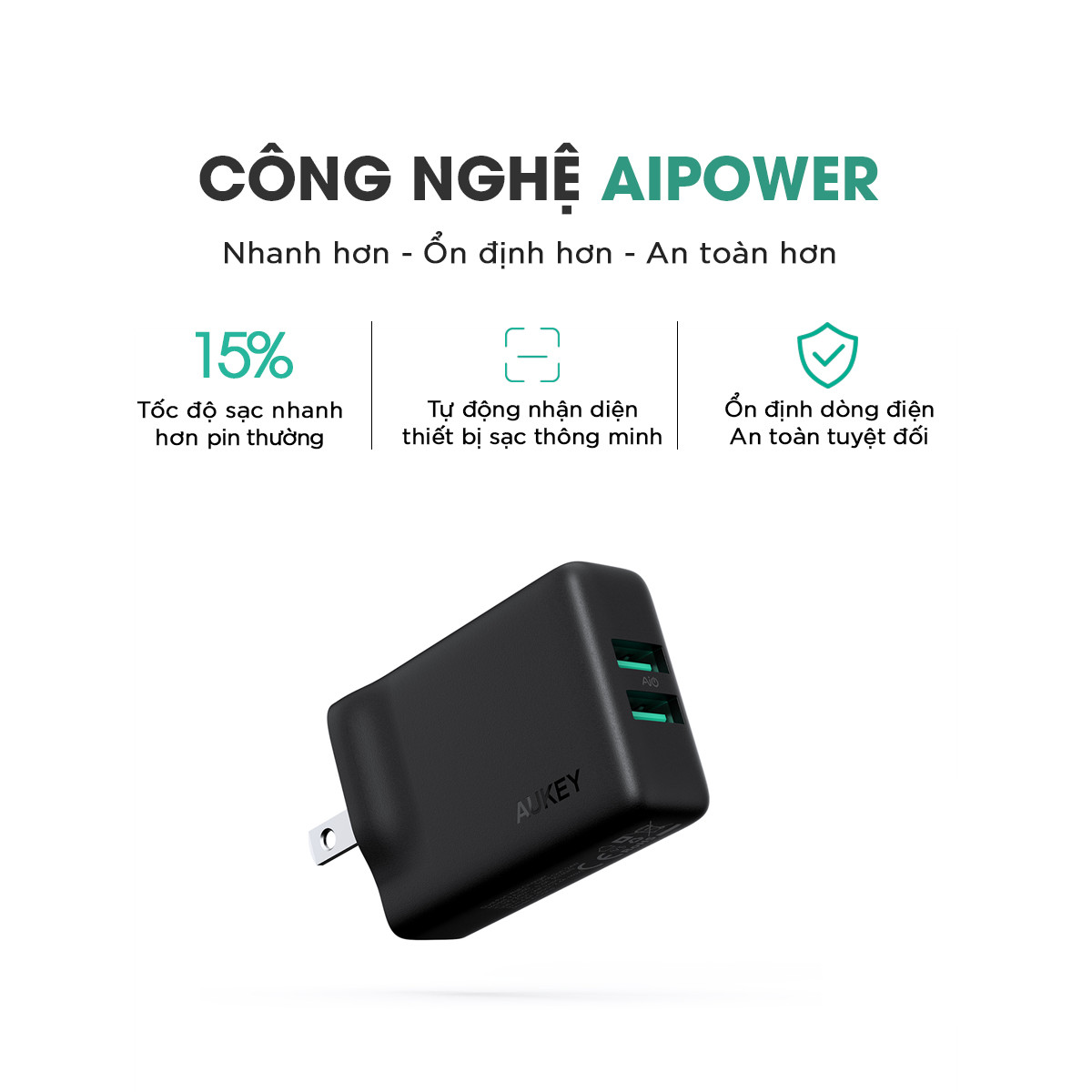 Cốc Sạc 2 Cổng Aukey PA-U50 Công Nghệ Sạc Nhanh GaNFast - Hàng Chính Hãng