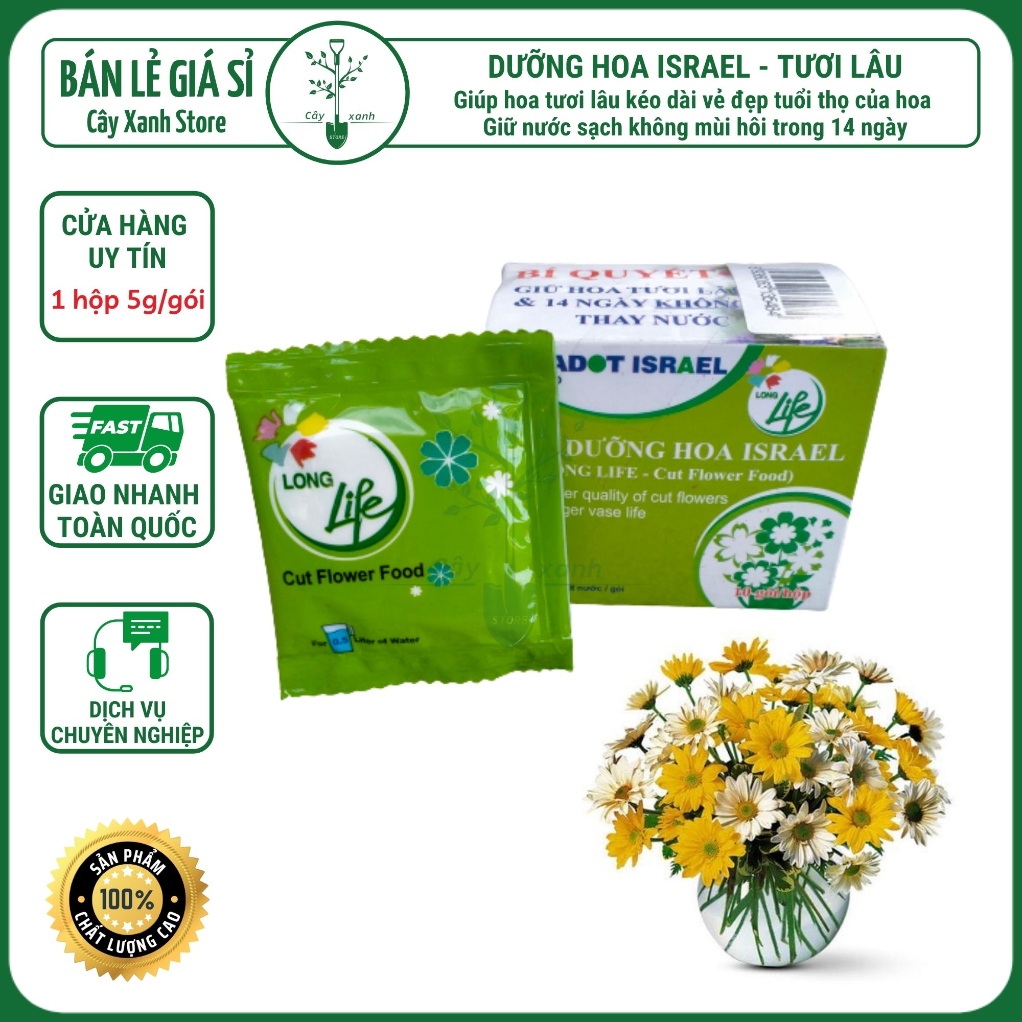 Bột Pha Nước Cắm Hoa Tươi Lâu Long Life 1 Hộp 10 Gói - Bột Dưỡng Hoa Không Héo, Lâu Tàn, Không Thối Nước