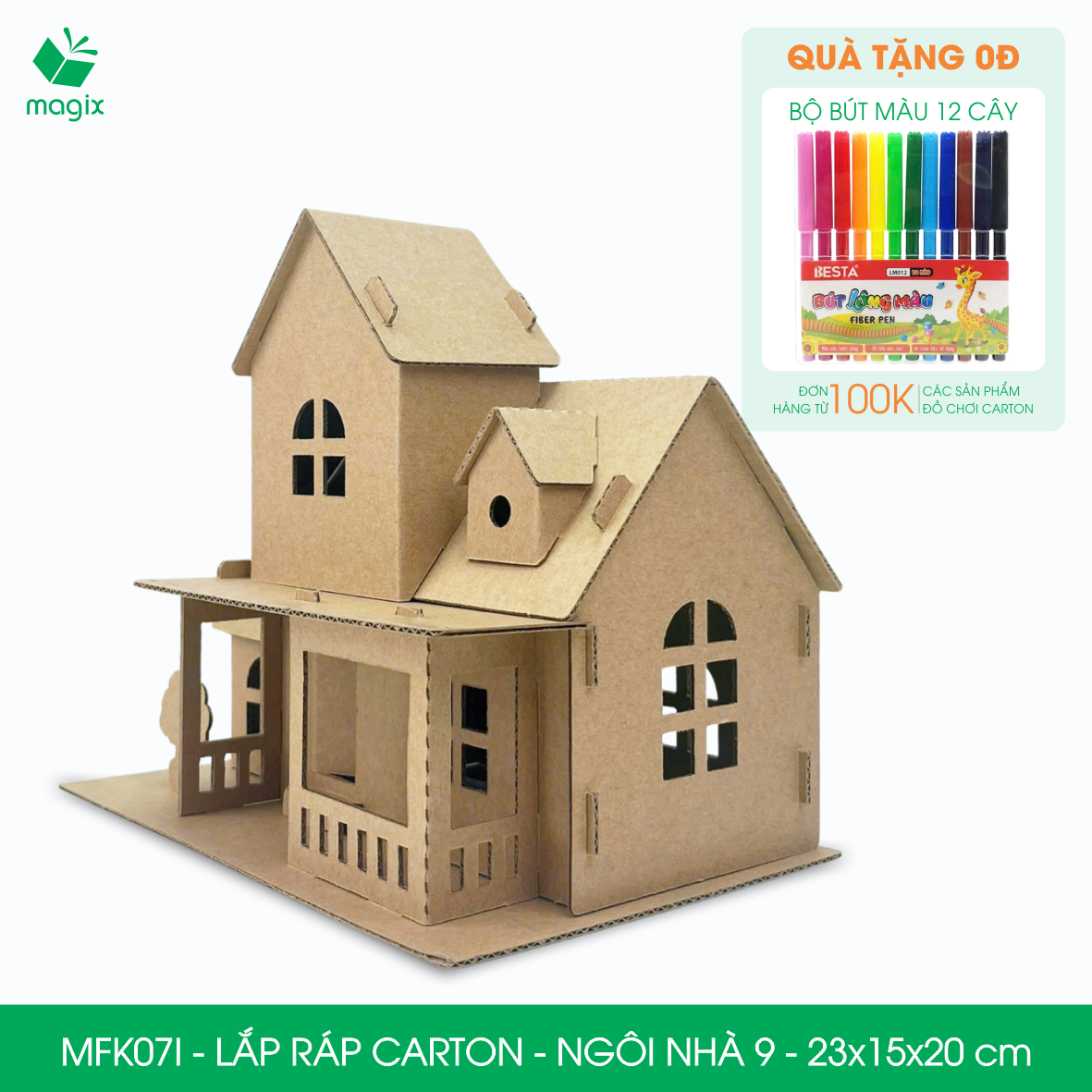 MFK07I - 23x15x20 cm - Mô hình ngôi nhà lắp ráp từ bìa carton cao cấp, nhà giấy carton mini sáng tạo