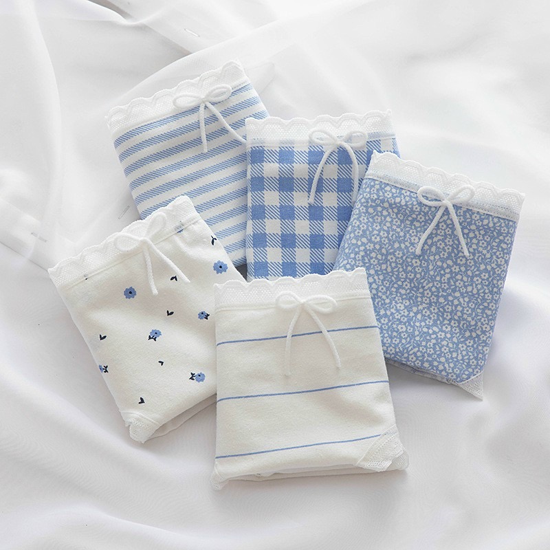 Combo 5 quần lót nữ cotton dễ thương Freesize kẻ xanh da trời