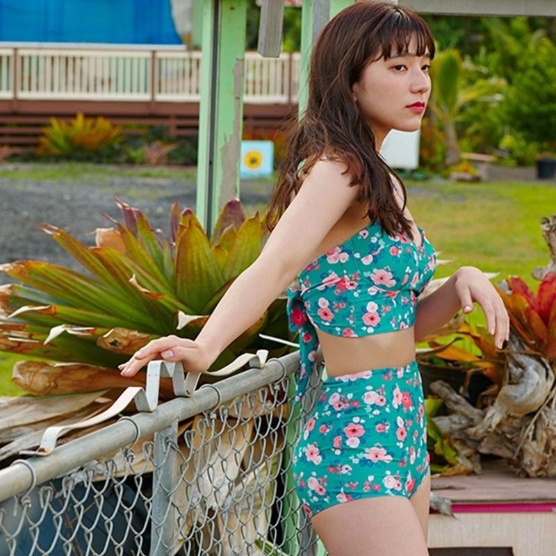 Set đồ bơi bikini nữ hoa nhí xanh lá cúp ngực quần cạp cao siêu xinh