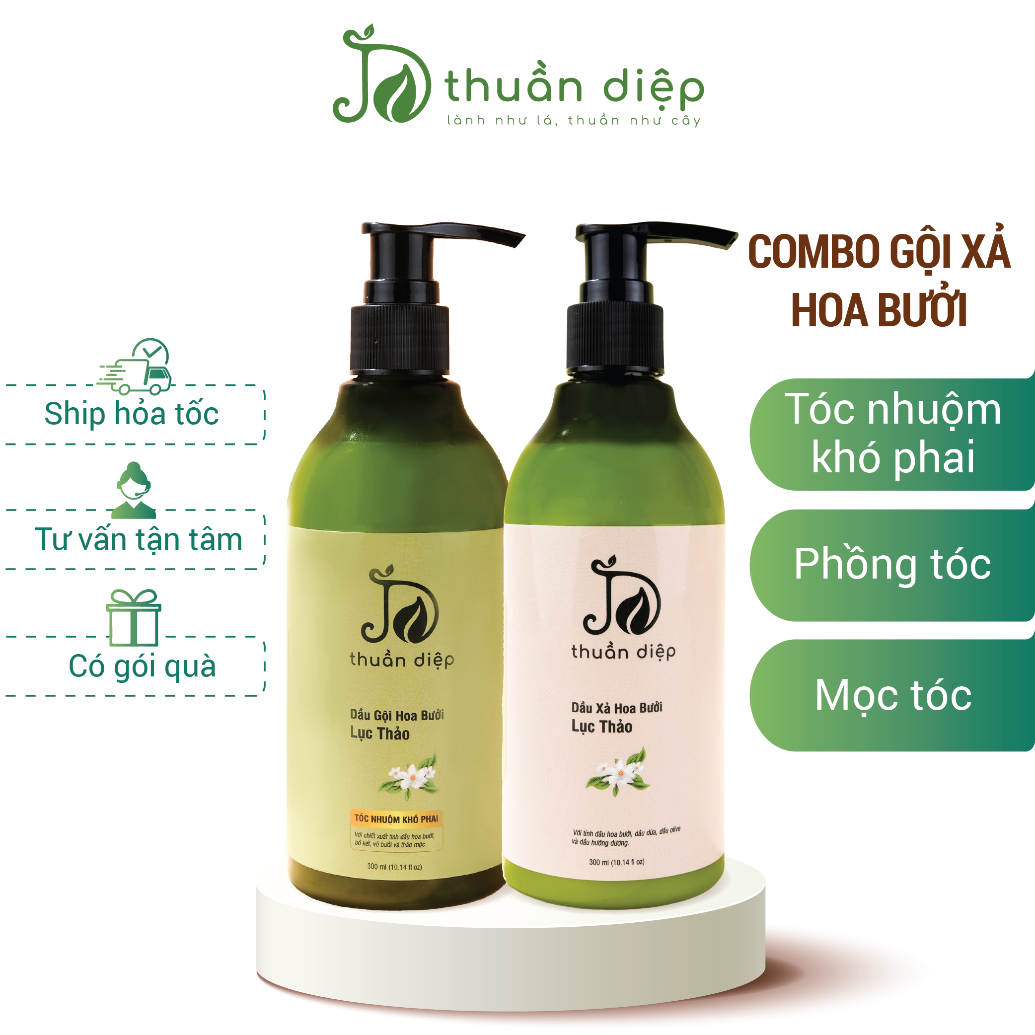 Combo Dầu gội dầu xả Hoa Bưởi Lục Thảo giữ màu tóc nhuộm, tóc mọc nhanh bồng bềnh, suôn mượt Thuần Diệp