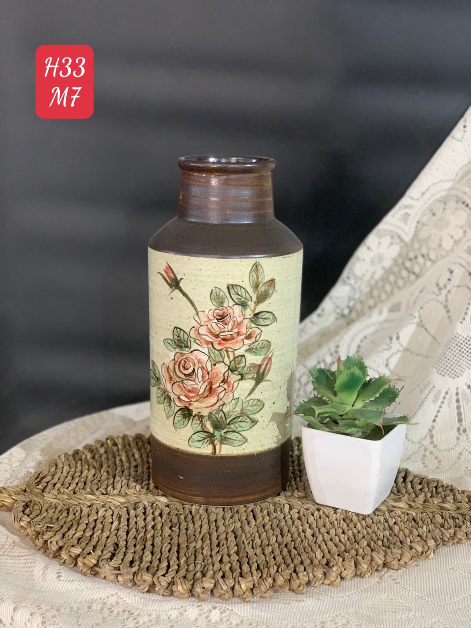Lọ hoa gốm sứ Bát Tràng cao cấp dáng phích cao 33cm