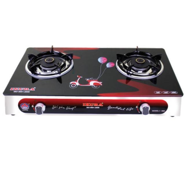 Bếp gas đôi mặt kính Ikura - - Đầu đốt hoa sen bằng đồng phi 82 - Hàng Chính Hãng