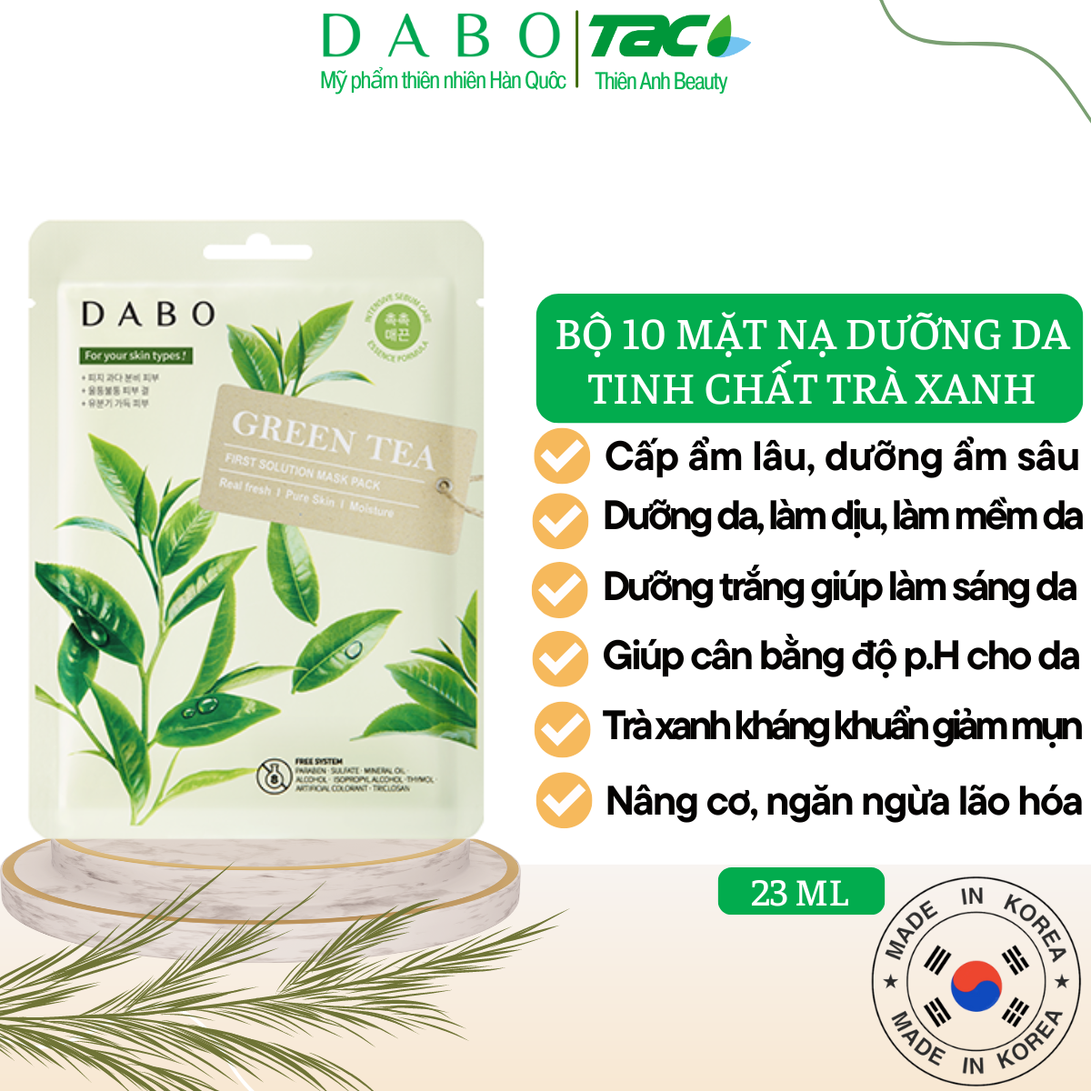 Bộ 10 Miếng Đắp Mặt Nạ Dabo Trà Xanh Cao Cấp Hàn Quốc 8809351956064 (23g / Gói)