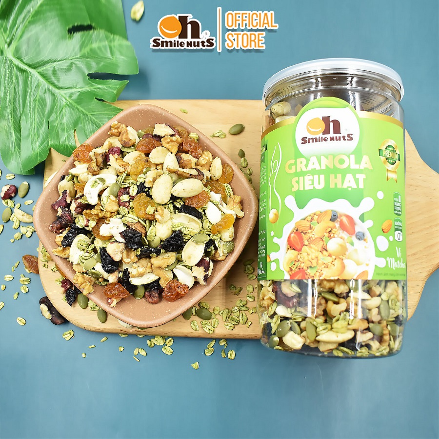 Granola ăn kiêng Siêu Hạt Smilenuts vị Matcha hủ 450g - Gồm Hạnh Nhân bóc vỏ, Nho khô, Óc Chó, Yến Mạch, Hạt điều, Nhân bí xanh và Mật ong _ Ngũ cốc ăn kiêng Siêu hạt vị Matcha