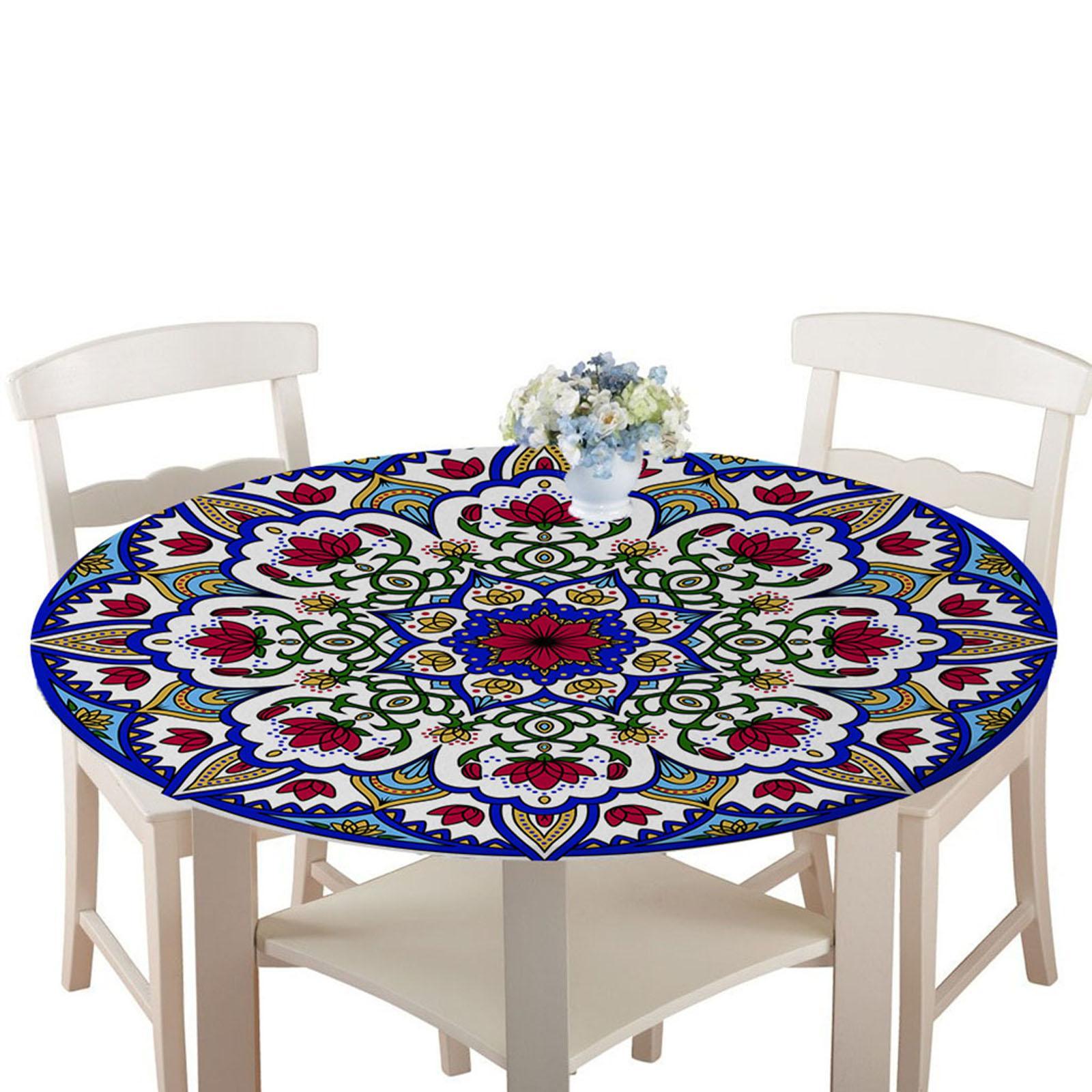 Round Fitted Tablecloth Table Cover Elastic Polyester Waterproof Non Slip